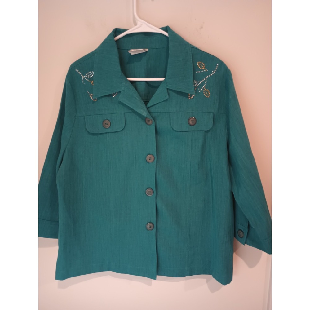 Nikki Womens Size 14 Teal Green Western Southwest Rhinestone Button Up Top